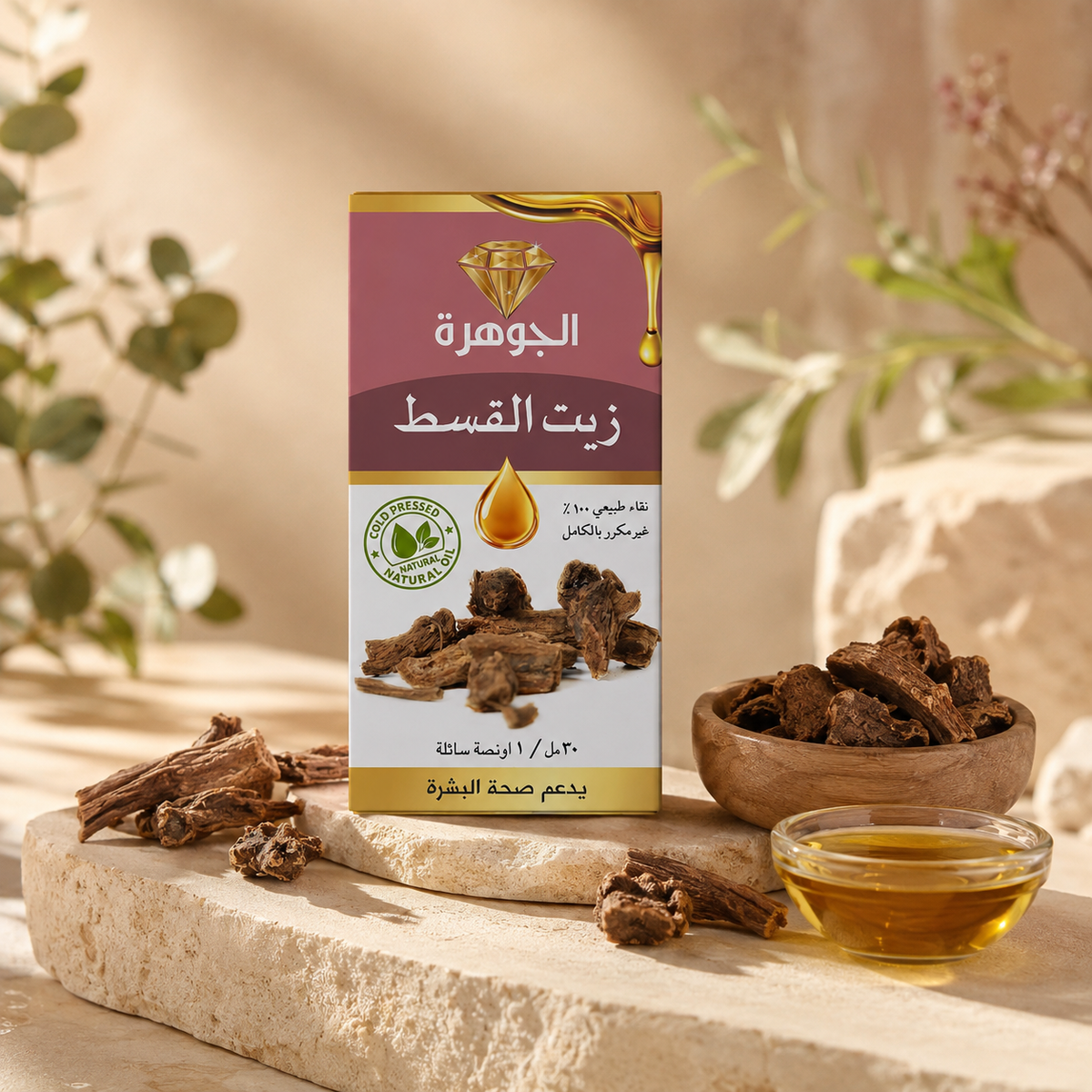 Costus Oil 30ml with dried costus root pieces and golden oil