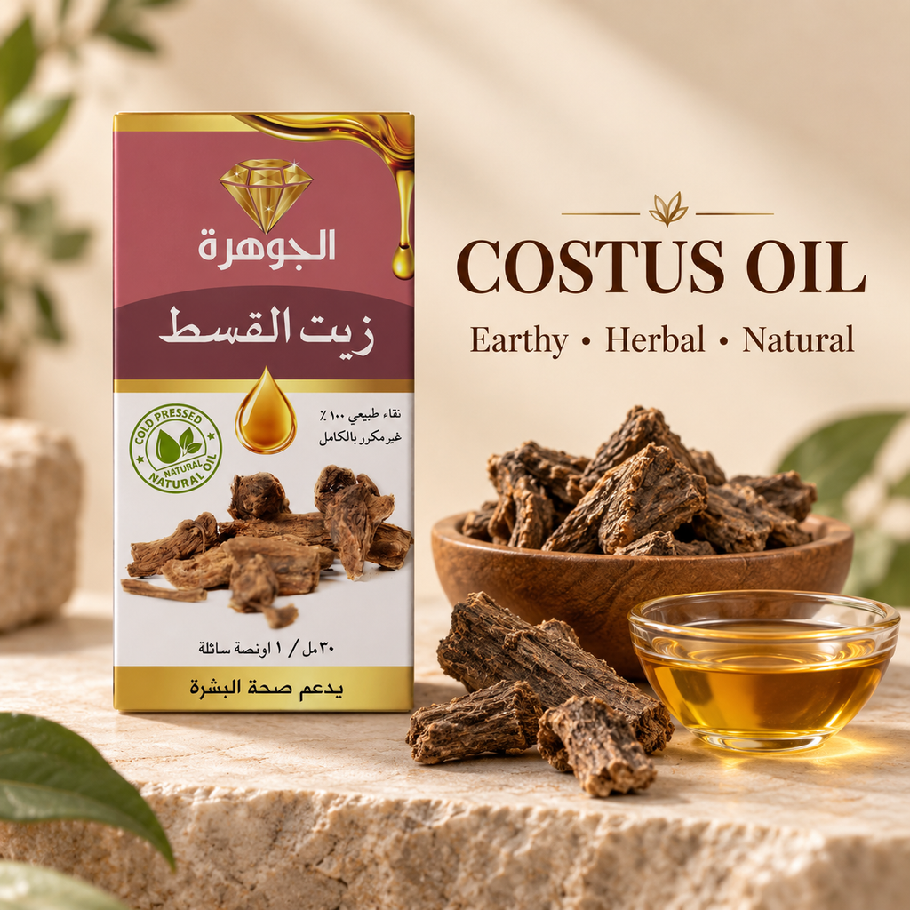 Costus Oil 30ml ingredient image with costus root and golden oil