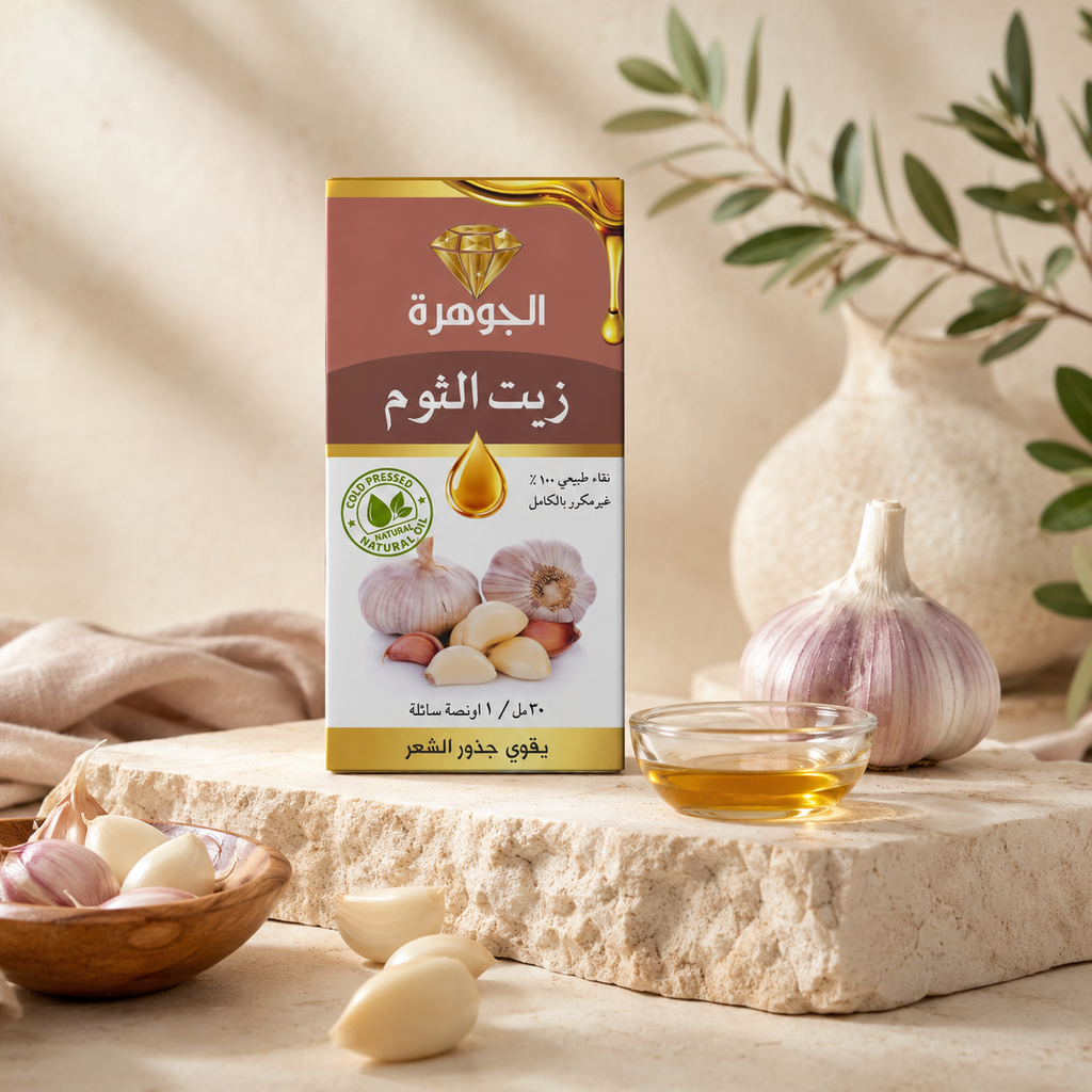 Garlic Oil 30ml Al Johra with garlic cloves and golden oil