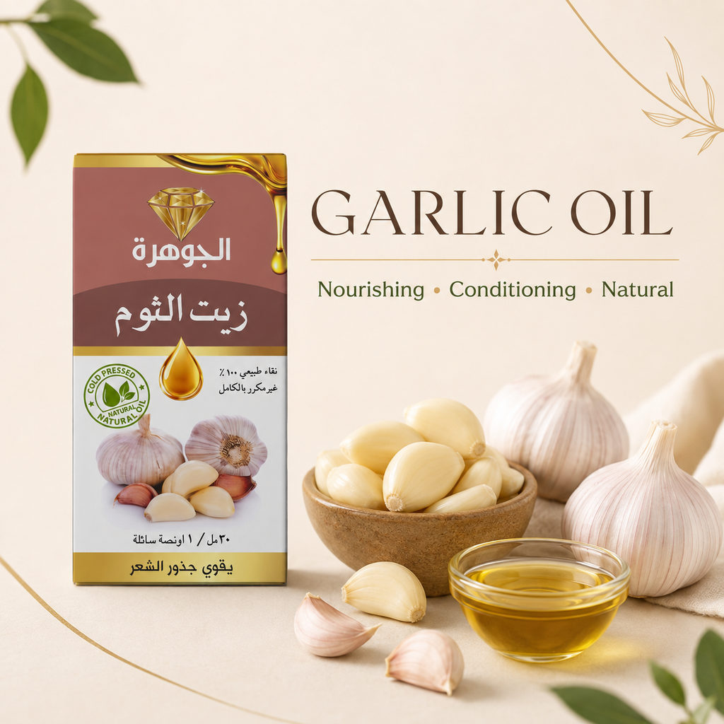 Garlic Oil 30ml ingredient image with garlic cloves and natural oil