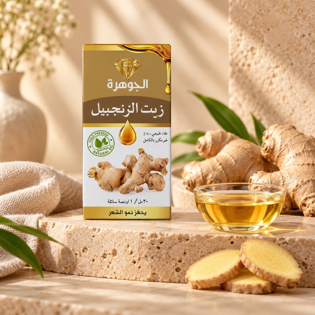 Al Johra Ginger Oil 30ml with fresh ginger roots on a luxury natural stone setting