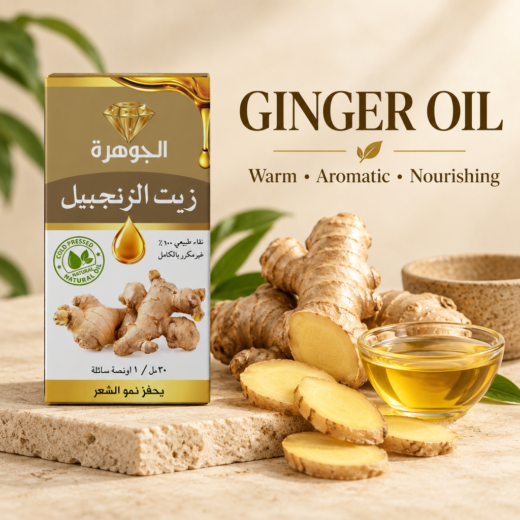 Ginger Oil 30ml ingredient image with fresh ginger roots and golden oil