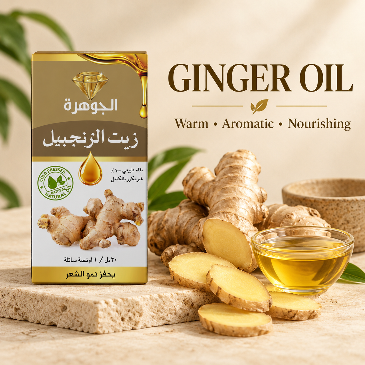 Ginger Oil 30ml ingredient image with fresh ginger roots and golden oil