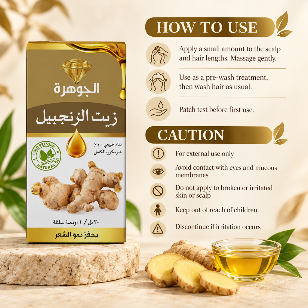 Ginger Oil 30ml how to use and caution infographic