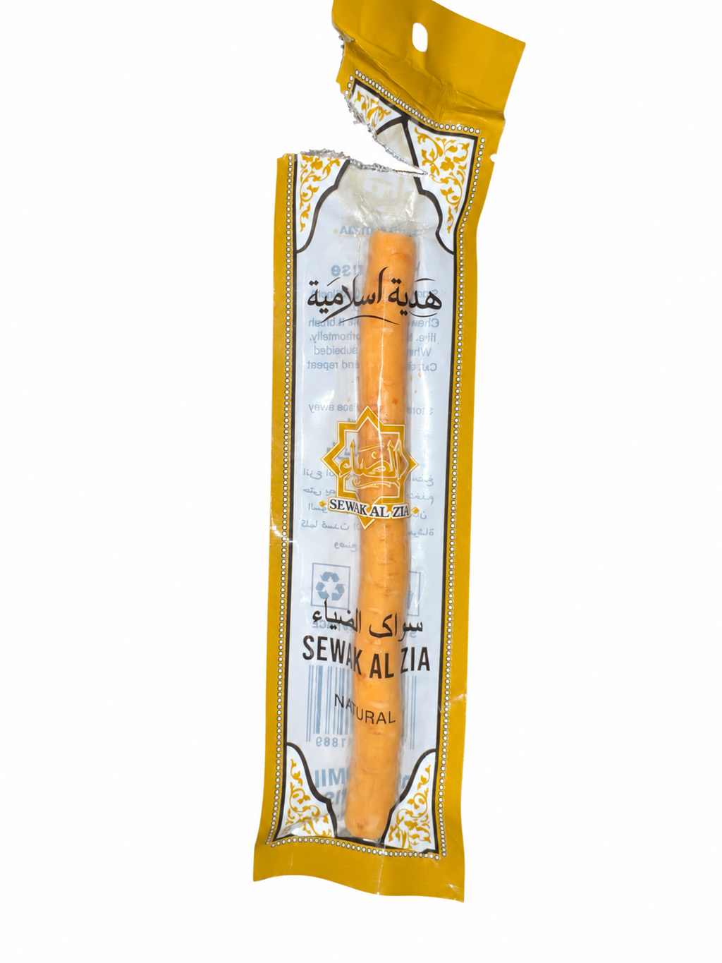 Sewak Al Zia natural 6-inch Miswak displayed inside its partially opened gold-and-transparent individual wrapper.