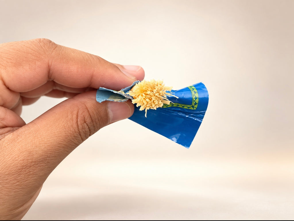 Close-up of a natural Peelu Miswak stick held by hand, showing the softened brush-like fibres used for traditional teeth cleaning.