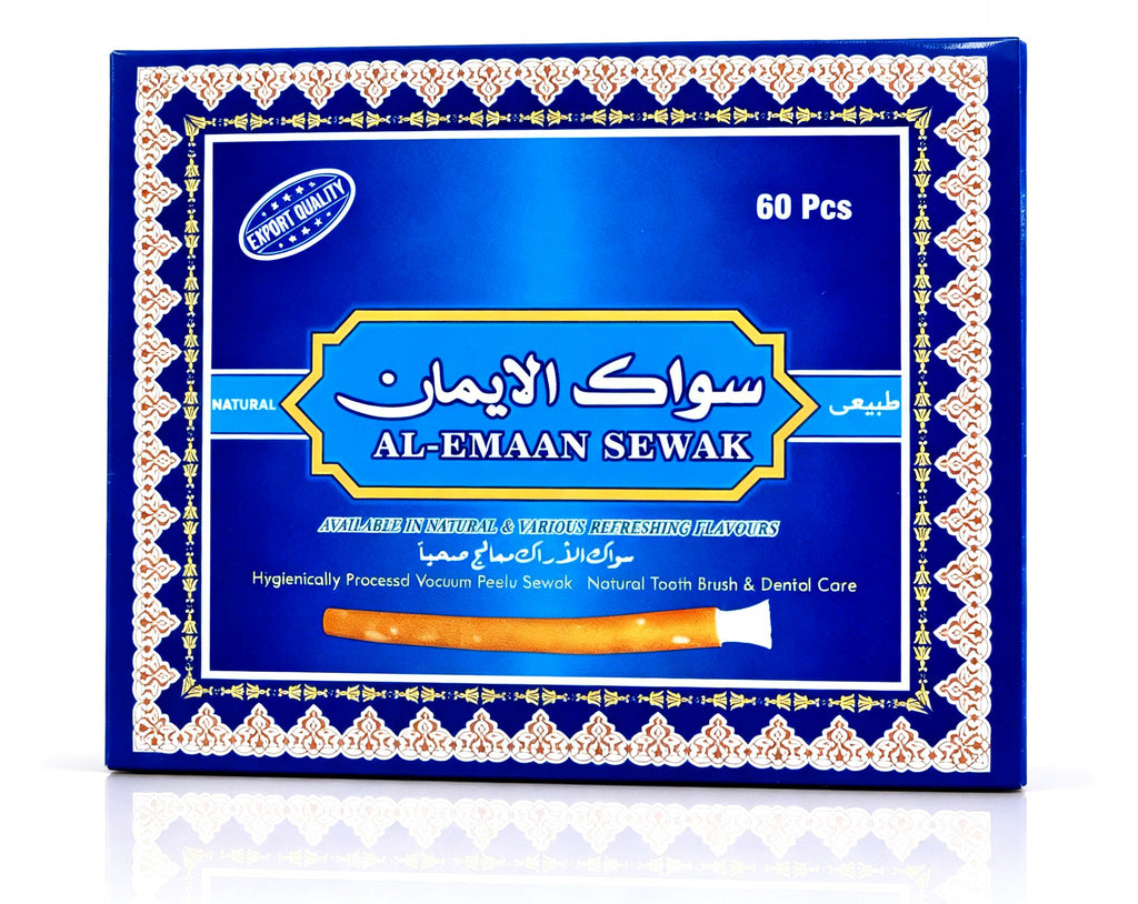 Al-Emaan Sewak 60-piece Miswak box photographed on a clean white background, featuring original blue packaging and export quality label.