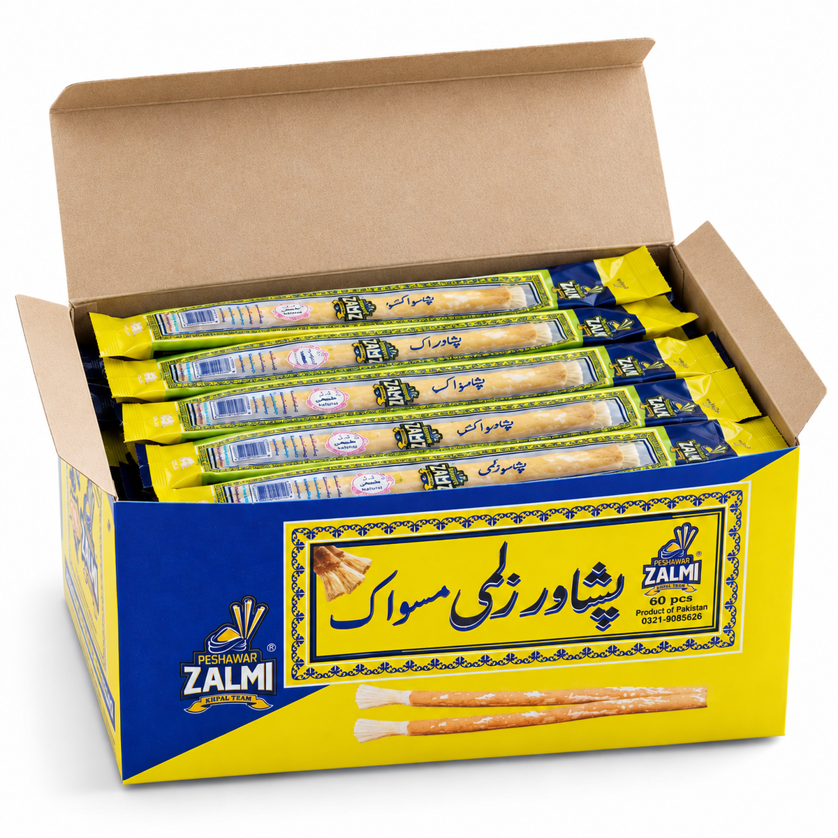 Open Peshawar Zalmi Miswak 60 Pcs box showing individually packed natural Miswak sticks