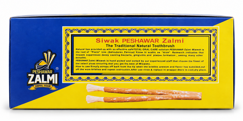 Peshawar Zalmi Miswak box English information panel featuring traditional natural toothbrush details