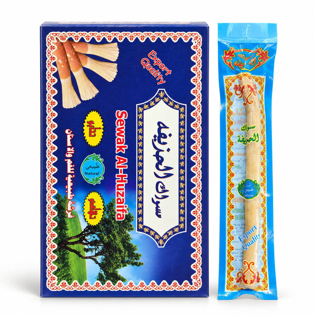 Sewak Al-Huzaifa Natural Miswak 12 Pieces box with one individually wrapped miswak stick on a white background.