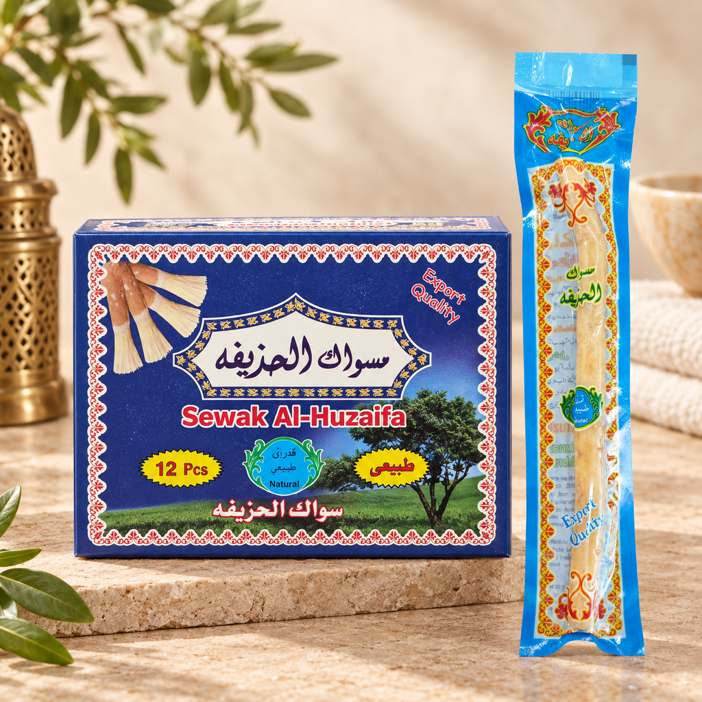 Sewak Al-Huzaifa 60 Pieces natural miswak in a premium beige lifestyle setting.
