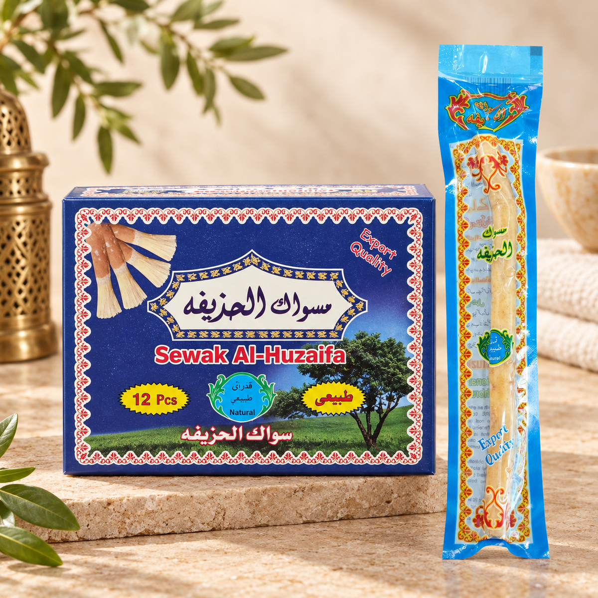 Sewak Al-Huzaifa 60 Pieces natural miswak in a premium beige lifestyle setting.