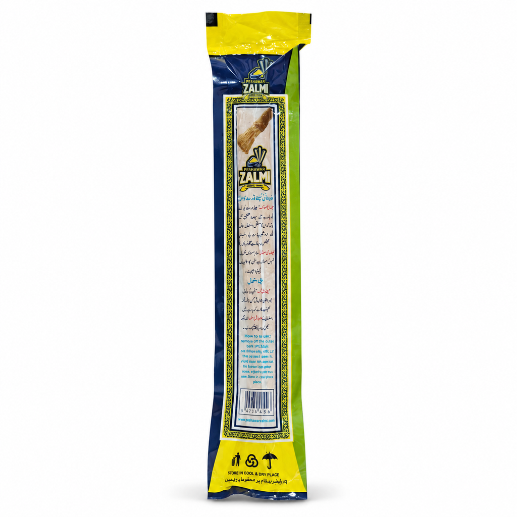 Back packaging of Peshawar Zalmi Miswak stick with instructions barcode and storage information