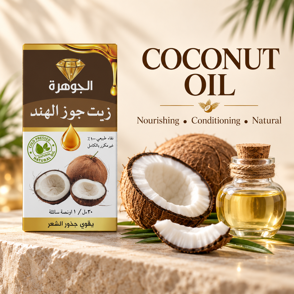 Coconut Oil 30ml ingredient image with fresh coconut and pure oil