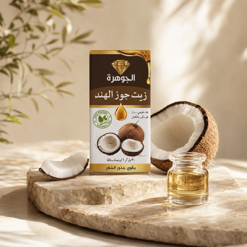 Coconut Oil 30ml with coconut pieces and golden oil lifestyle image