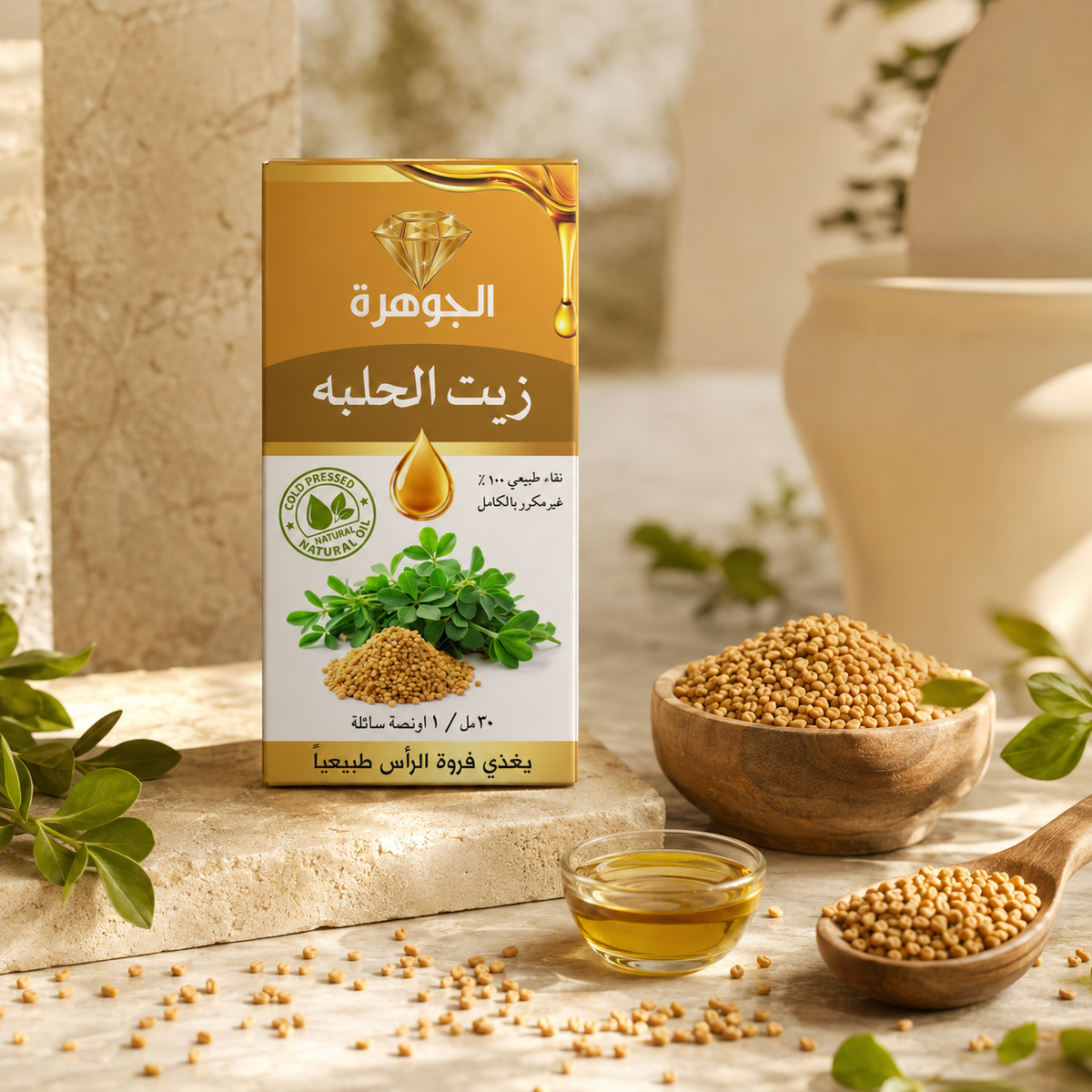 Fenugreek Oil 30ml Al Johra with fenugreek seeds and golden oil