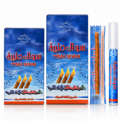 Tybah Sewak miswak products with two blue boxes, an individually wrapped stick, and a capped holder on a white background.