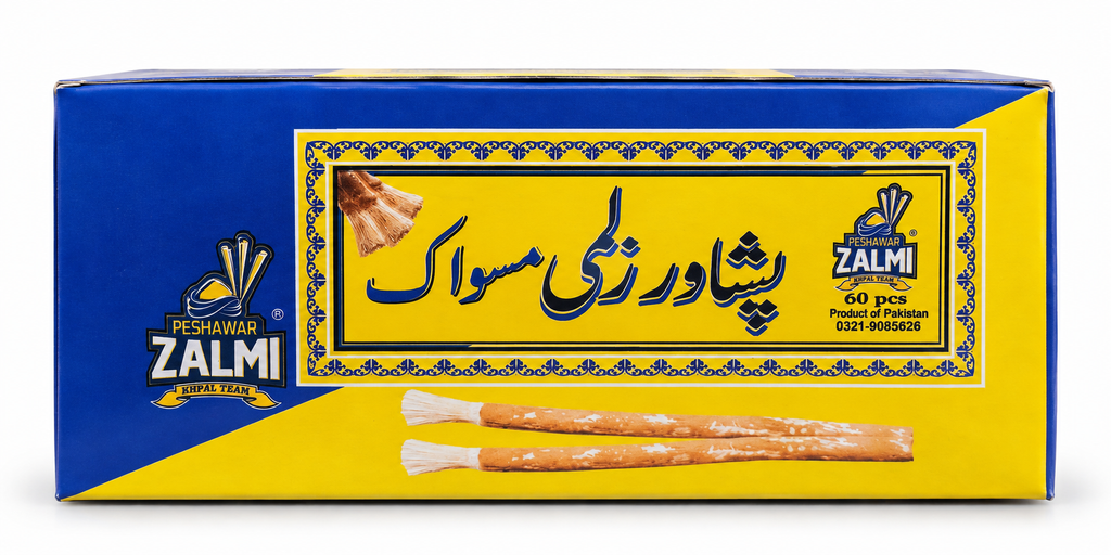 Peshawar Zalmi Miswak 60 Pcs Urdu side panel with Product of Pakistan branding